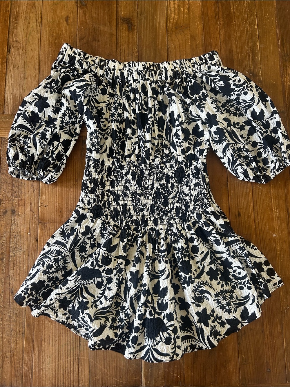 Misa Los Angeles Black and White Floral Off-Shoulder Mini Dress